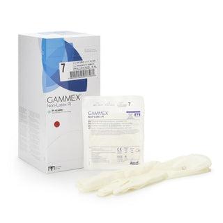 GAMMEX® 765478_BX, Surgical Glove, Size 7, Polyisoprene, Standard Cuff, White,Chemo Tested with packaging on a white background