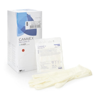 GAMMEX® 765480_CS Surgical GloveSize 8 Polyisoprene Standard Cuff Length Micro-Textured with packaging on a white background