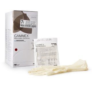 GAMMEX® 833675_CS Surgical Glove Non-Latex Sensitive Size 7.5 Sterile Standard Cuff with packaging on a white background