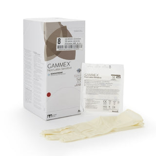 GAMMEX® 833676_CS Surgical Glove Non-Latex Sensitive Size 8 Sterile Standard Cuff with packaging on a white background