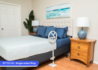 Halo Safety Ring installed on one side of a home-style bed with metal L-frame