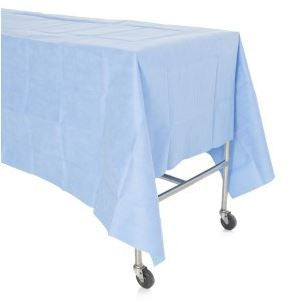Light blue Halyard 976299_CS Standard Back Table Cover 70 X 110 Inch on a metal table with wheels against a white background
