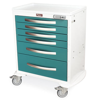 Aluminum Anesthesia Cart with teal drawers and white frame on a white background