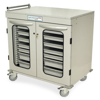 A half height, double column medical storage cabinet with key locking tempered glass double doors, on quiet rolling casters.