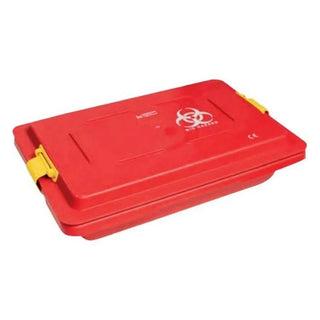 Red Healthmark Industries 979508_EA Instrument Container Mid Size 3 X 12 X 18 Inch (EA) with yellow latch on a white background
