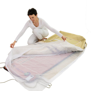 Woman placing a HealthyLine envelope cover inside a 360 Wrap mat