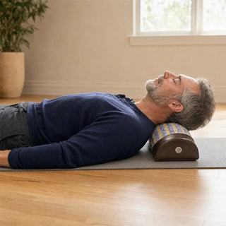 Man lying on the floor with the HealthyLine Amethyst Bolster under his neck