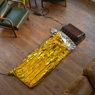 HealthyLine Jet mat with a gold sauna foil blanket and Jet Pillow