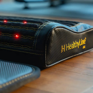 Close view of the HealthyLine Jet Pillow edge and logo