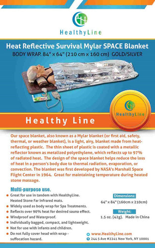 HealthyLine mylar blanket label with size, weight and safety notes