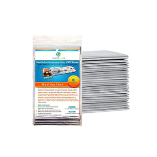 HealthyLine mylar blanket in its retail bag with a stack of blankets