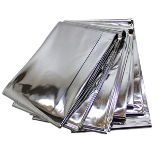 Stack of silver HealthyLine mylar blankets