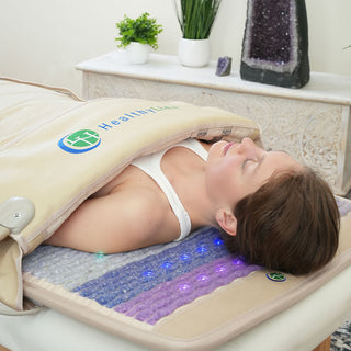 Person lying inside the HealthyLine Rainbow Chakra 360 Wrap Set