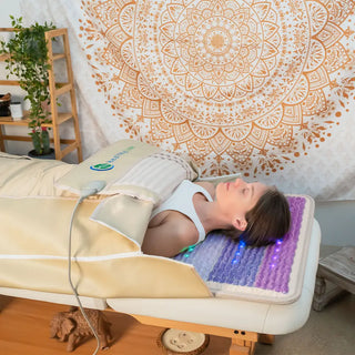 Person inside the HealthyLine Rainbow Chakra 360 Wrap Set in a bright room