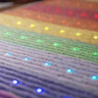 Close view of the colored stone bands and lights on the HealthyLine Rainbow Chakra mat
