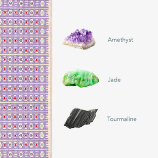 Edge of the HealthyLine TAJ mat with amethyst, jade and tourmaline labeled