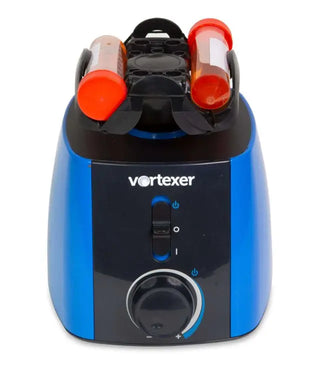 Blue and black Heathrow Scientific 120209 Lab Vortex Mixer With Touch Function with orange nozzles on a white background