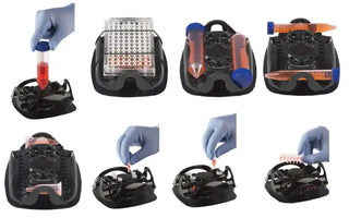 Set of laboratory equipment including pipettes and sample holders with gloved hands interacting with them.