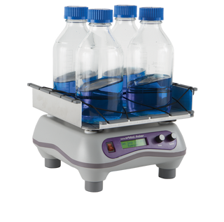 Heathrow Scientific 120460 Digital Orbital Shaker with bottles containing blue liquid on a white background