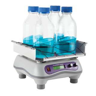 Heathrow Scientific 120460 Digital Orbital Shaker with four bottles containing blue liquid on a white background