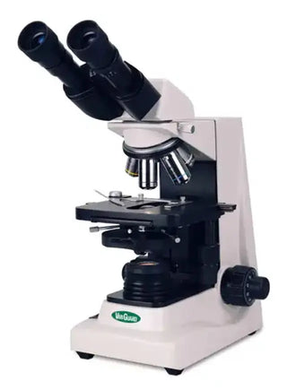 Heathrow Scientific 1423PHI VanGuard® 1400 Series Compound Microscope with white base and black eyepieces on a white background
