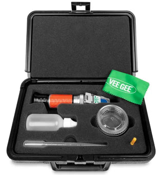 Heathrow Scientific 43002-KIT Brix Refractometer Field Kit with various components in a black case on a white background