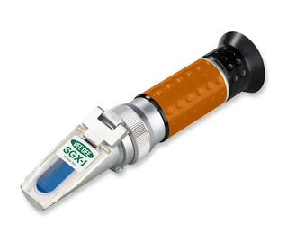 Heathrow Scientific 43004 Brix/Specific Gravity Refractometer with brown handle and silver body on a white background