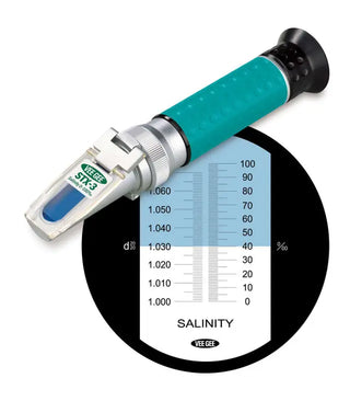 Heathrow Scientific 43036 Handheld Salinity Refractometer and Salinity meter with a clear scale for reading salinity levels on a white background