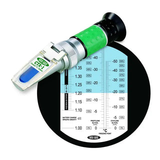 Heathrow Scientific 43064 Handheld Coolant/Battery Acid Refractometer with a scale on a white background