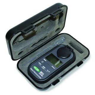 Heathrow Scientific 48401 Digital Wine Refractometer with a screen and buttons in an open case on a white background