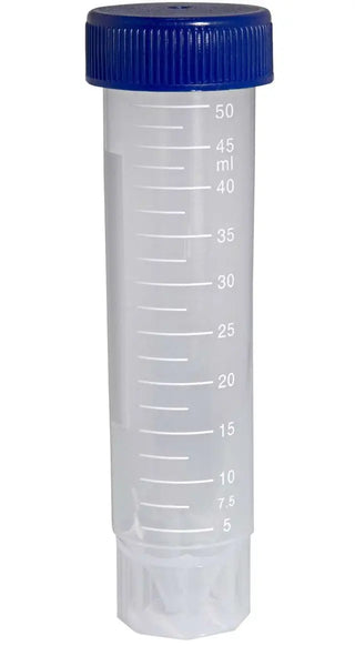 Clear Heathrow Scientific 50 mL Conical Centrifuge Tube with blue lid and measurement markings on a white background