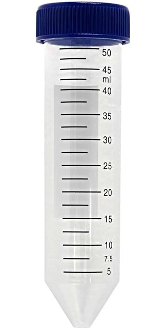 Clear plastic Heathrow Scientific 50 mL Conical Centrifuge Tube with blue cap and measurement markings on a white background