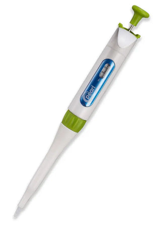 White and green Heathrow Scientific Adjustable Volume Pipette, Single Channel on a white background