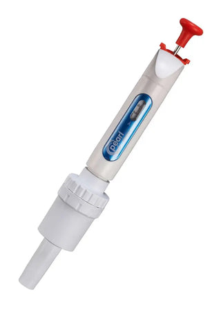 Heathrow Scientific Adjustable Volume Pipette, Single Channel with red and white design on a white background