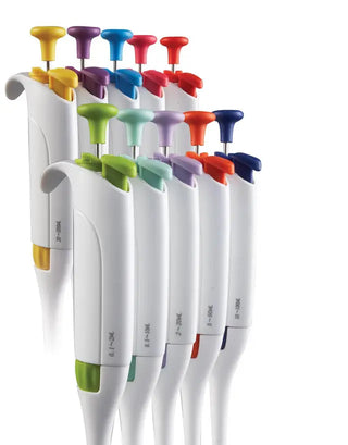 Set of multicolored Heathrow Scientific Adjustable Volume Pipettes, Single Channel on a white background