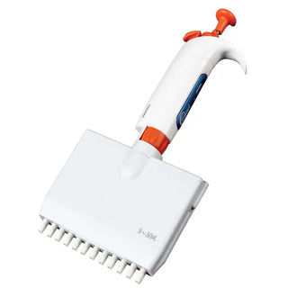 White and orange Heathrow Scientific Adjustable Volume Pipettes, Twelve Channel with multiple nozzles on a white background