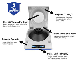 Heathrow Scientific Clinical Benchtop Centrifuge with features highlighted and a 5-year warranty badge.