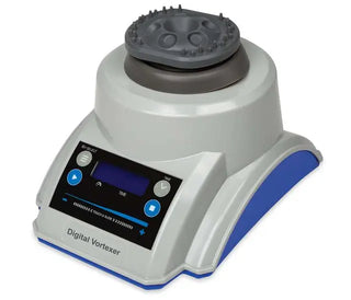 Heathrow Scientific Digital Vortexer with a gray top and blue base on a white background