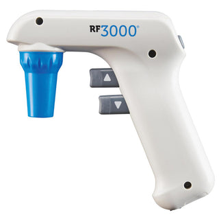 White and blue Heathrow Scientific HS3000 RF3000 Pipette Controller device on a white background