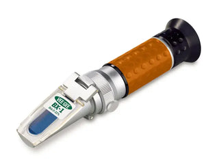 Heathrow Scientific Handheld Brix Refractometer with brown handle and silver body on a white background