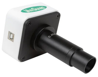 White Heathrow Scientific Microscope Camera with black cylindrical extension on a white background, featuring the VanGuard logo.