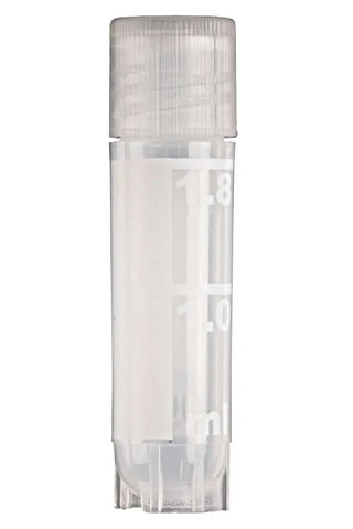 Clear Heathrow Scientific Sterile Cryogenic Vials with measurement markings on a white background