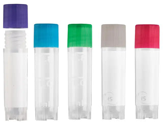 Set of five Heathrow Scientific Sterile Cryogenic Vials with colored lids on a white background