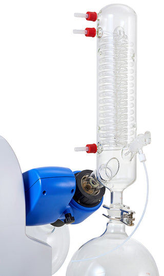 Holland Green Science 10206006 Aqua Vitae Maximus Digital Rotary Evaporator- Laboratory distillation apparatus with glassware and blue mechanical component on a white background
