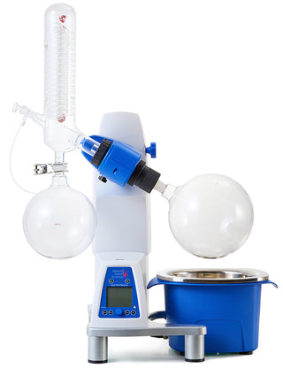 Holland Green Science 10206006 Aqua Vitae Maximus Digital Rotary Evaporator-Laboratory distillation apparatus with two round-bottom flasks and a heating mantle on a white background