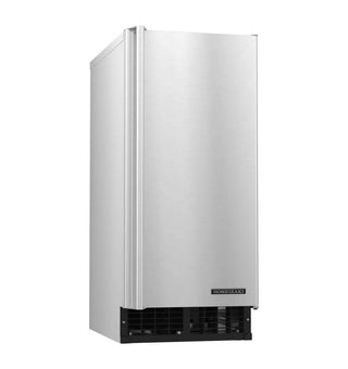 Hoshizaki C-80BAK cubelet undercounter ice machine with built-in bin, stainless steel, angled view