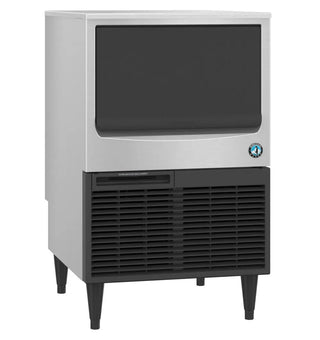 Hoshizaki KM-161BAK air-cooled crescent cuber ice machine with built-in bin, stainless with black front grille, angled view