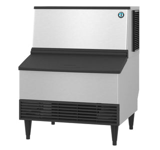 Hoshizaki KM-301BAJ air-cooled crescent cuber ice machine with built-in bin, stainless with black bin lid, angled view