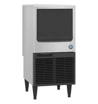 Hoshizaki KM-81BAK air-cooled crescent cuber ice machine with built-in bin, stainless with black front grille, front view
