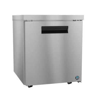 Hoshizaki UR27B-LP low profile undercounter refrigerator, right side angled view on casters